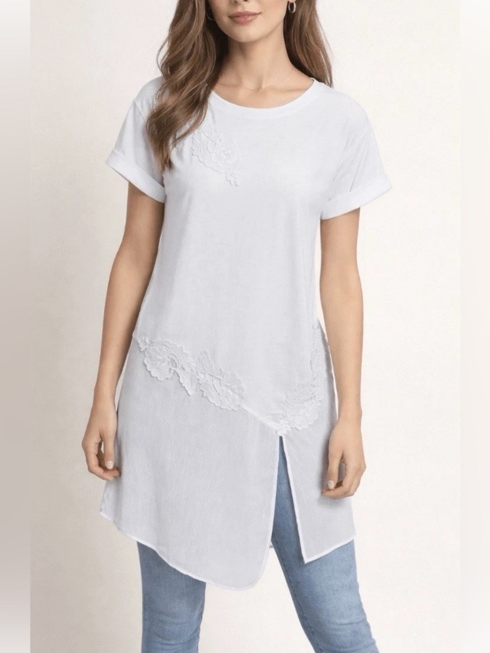 Anthropologie Akemi + Kin Kris Floral Embroidered Sheer Hem Tunic Sz L